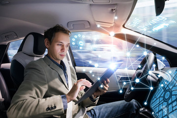 Autonomous car and wireless communication network concept. Self driving vehicle. Driverless car.