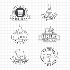 Alcohol drinks thin line emblems on notebook page