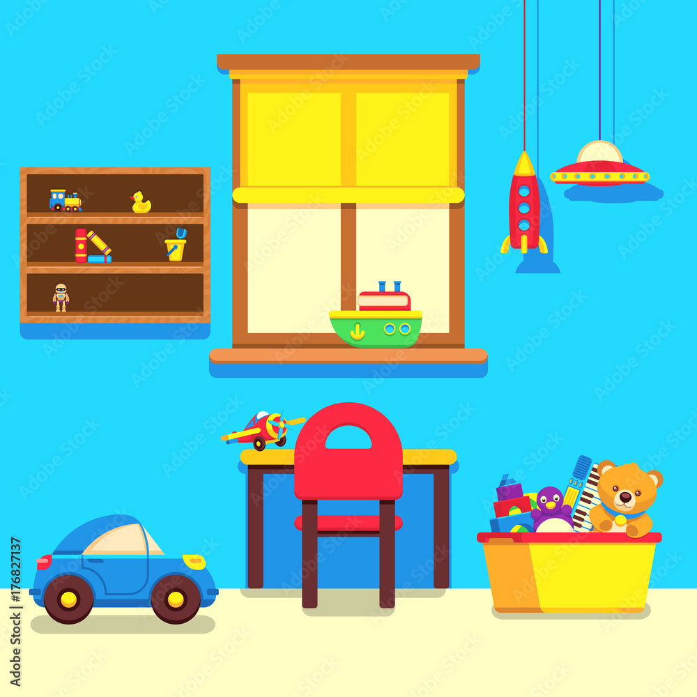 Canvas Prints Baby room interior with window, work place and toys collection