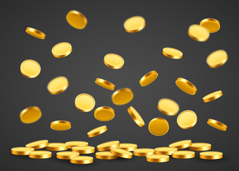 Falling coins, falling money, flying gold coins, golden rain. Jackpot or success concept. Modern background.