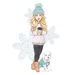 Girl With Coffee Isolated on a White Background Christmas Hand Drawn Illustration