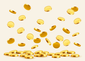 Falling coins, falling money, flying gold coins, golden rain. Jackpot or success concept. Modern background.