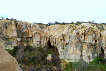 Dwellings of first Christians in rocks, Cappadocia,Turkey/ characterized by extremely volcanic...