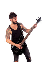 Attractive guy in black playing electric bass