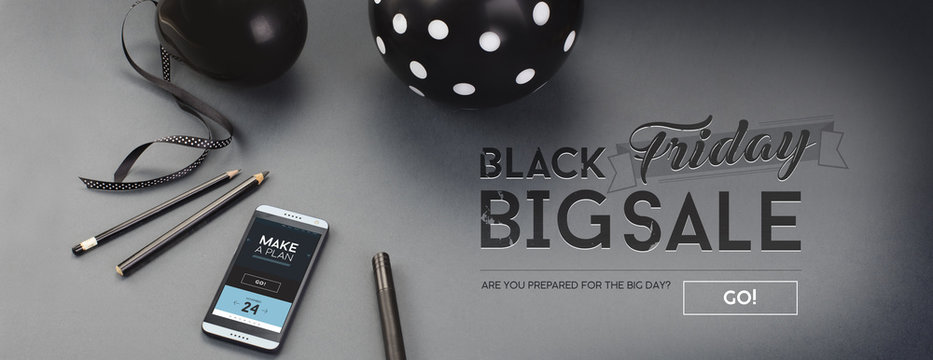 Black Friday sale banner, with black letters, balloon, pencils, ribbon and android cell-phone, on a grey background.