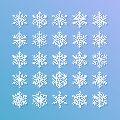 Snowflake flat icons set. Collection of cute geometric snowflakes, stylized snowfall. Design element for christmas or new year card, winter ornament. Frozen snow flakes silhouette on blue background.