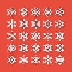 Snowflake flat icons set. Collection of cute geometric snowflakes, stylized snowfall. Design element for christmas or new year card, winter ornament. Frozen snow flakes silhouette on red background.