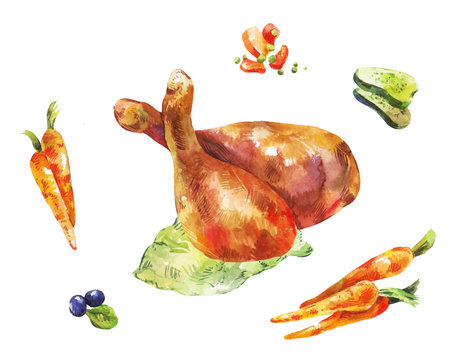 chicken legs. Watercolor illustration. Vegetables with fried mea
