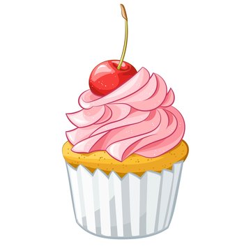 Hand drawn vanilla cupcake with cherry on top, cartoon colorful food sketches, isolated on white background. Vector illustration.