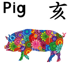 Chinese Zodiac Sign Pig with color stylized flowers