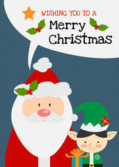 Merry christmas vector santa with elf  charactor greeting card