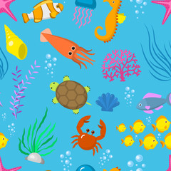 Set aquatic funny sea animals vector underwater creatures cartoon characters shell aquarium sealife seamless pattern background .