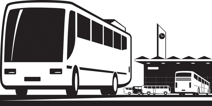 Buses arrive and depart at station - vector illustration