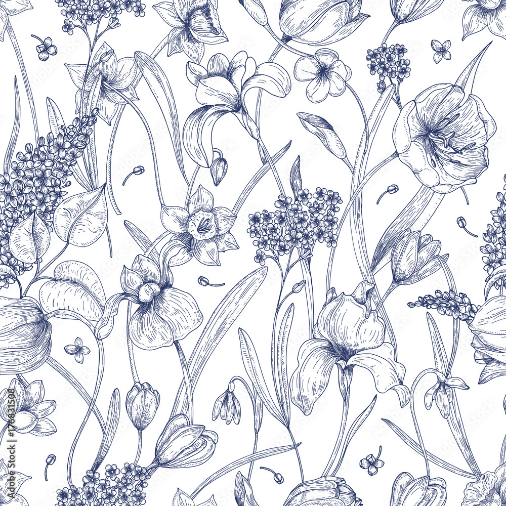 Poster beautiful natural seamless pattern with spring flowers hand drawn with contour lines on white backgr