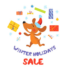 Winter holidays sale banner with dog in Santa hat