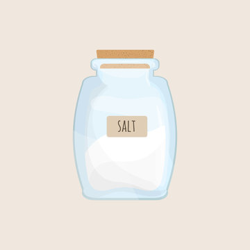 Salt stored in closed glass jar isolated on white background. Crystal condiment, food spice, mineral cooking ingredient in transparent kitchen container. Colorful cartoon vector illustration.