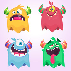 Cute happy cartoon monster  with horns. Smiling monster with big mouth. Halloween vector illustration