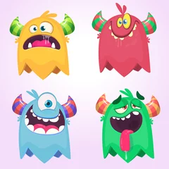 Fotobehang Cute happy cartoon monster  with horns. Smiling monster with big mouth. Halloween vector illustration © drawkman