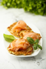 Potato pancakes with smoked salmon