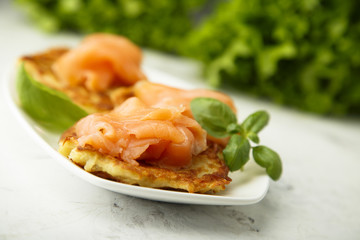 Potato pancakes with smoked salmon