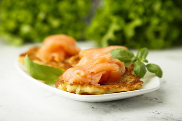 Potato pancakes with smoked salmon