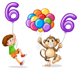 Boy and monkey with balloon number six