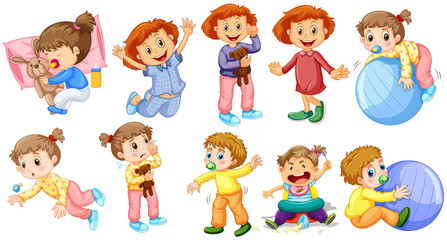 Baby girls and boys doing different activities
