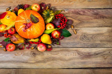 Obraz na płótnie Canvas Thanksgiving arrangement with pumpkin, apples, pears, rowan berries, copy space.
