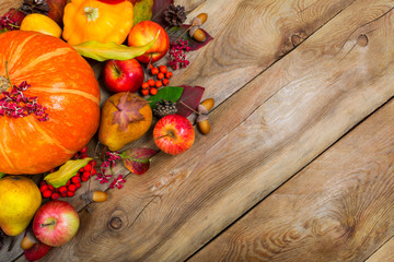 Thanksgiving background with pumpkin, apples and fall leaves, copy space.