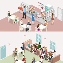 Papier Peint photo Lavable Restaurant Isometric flat interior of sweet-shop, cafe, canteen and restaurant kitchen.