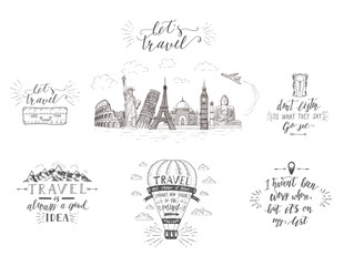 World travel , sights and transport. Set of tourism banners with hand-lettering quotes.