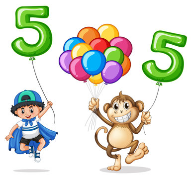 Boy and monkey with balloon number five
