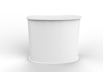 White blank advertising POS POI PVC Promotion counter booth, Retail Trade Stand Isolated on the white background. Mock Up Template For Your Design. 3D illustration
