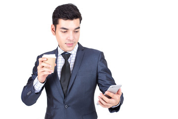Man holding smartphone in hand for using application, Isolated on White background.