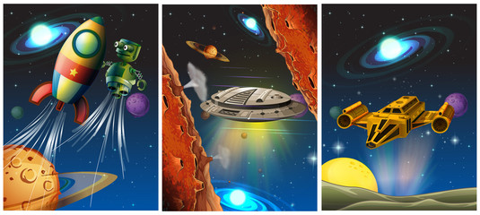 Three scenes with spaceship and robot in space © GraphicsRF