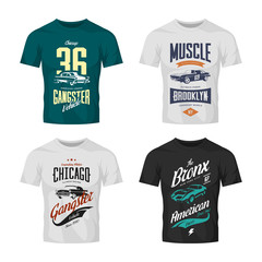 Vintage classic gangster and muscle car vector t-shirt logo mock up set. American street wear superior retro tee print design.