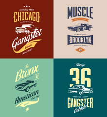 Vintage classic gangster, muscle car vector tee-shirt logo isolated set.
Premium quality old sport vehicle logotype t-shirt emblem illustration. American street wear superior retro tee print design.