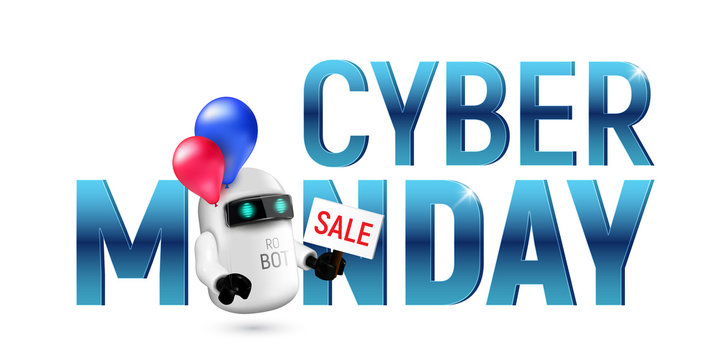 Cute flying robot with red and blue balloons holding a sale sign in hand. Realistic vector illustration to cyber monday isolated on white background. Perfect to use for advertising or design your site
