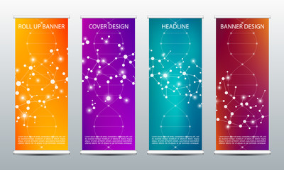 Abstract roll up banner for presentation and publication. Science, technology and business template. DNA structure background, vector illustration.