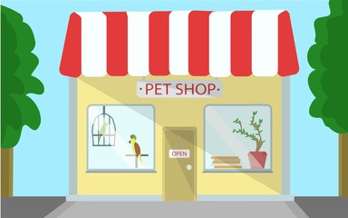 illustration pet store, pet-shop facade view from the side, one floor with a striped roof, large windows and shop windows through which the parrots sitting in a cage are seen, and the sign "open"