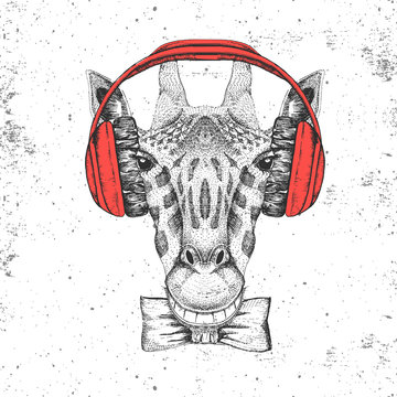 Retro Hipster animal giraffe with headphones. Hand drawing Muzzle of giraffe