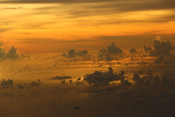 Sunset White Cloud sky at high level attitude, view from window airplane