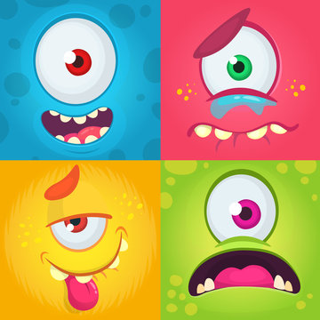 Cartoon monster faces set. Vector set of four Halloween monster faces with different expressions. Children book illustrations or party decorations