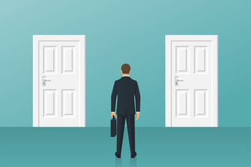 Businessman standing in front of two closed doors. Choice way. Decision business metaphor. Vector flat style design. Isolated on background. Human before choosing. Dilemma concept.