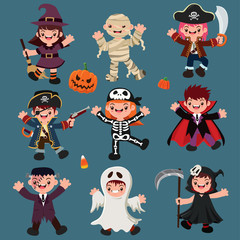 Vintage Halloween poster design with vector witch, mummy, pirate, skeleton, vampire, ghost, reaper character. 
