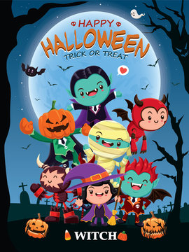 Vintage Halloween poster design with vector witch, mummy, vampire, ghost, reaper character. 