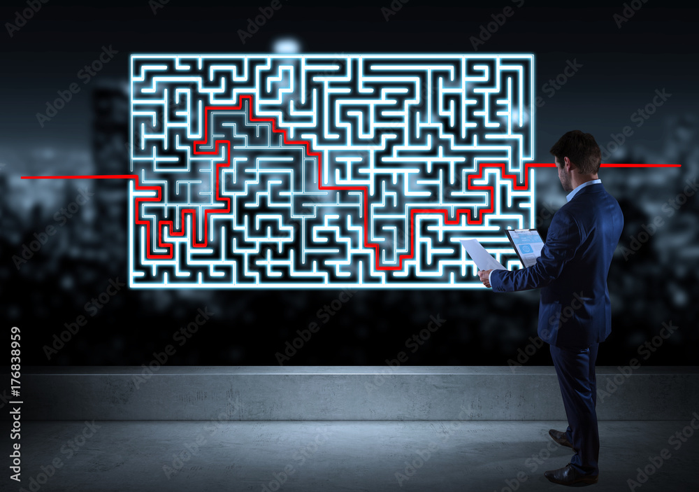 Poster Businessman searching maze solution on a rooftop 3D rendering