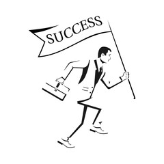 Sketch of human running with flag Success. Holding in hand flag. Business people. Concept of success. Goal achievement. Vector illustration flat design. Isolated on white background. Symbol of victory