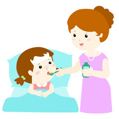 Mother giving daughter medicine vector illustration.