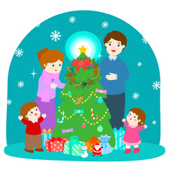 Cartoon vector illustration of a happy family .at the Christmas tree .